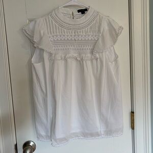 J.Crew White Lace Bib Blouse Flutter Sleeve Cotton Top Size S